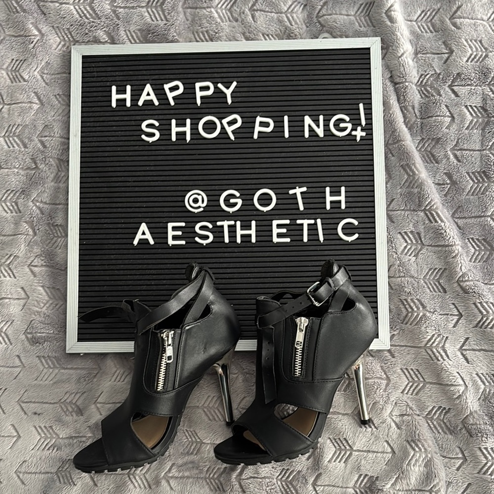 Forever 21 Black Stiletto Peep Toe Bootie Heels with Straps